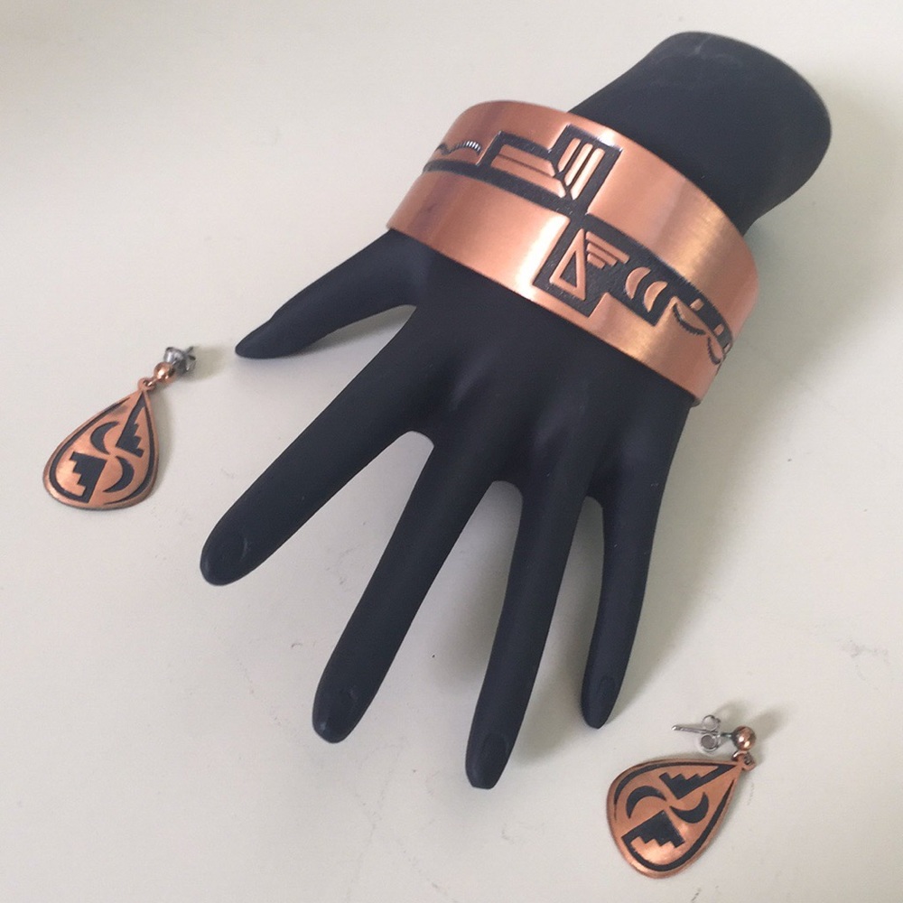 Etched Copper Cuff Bracelet, Earrings Set